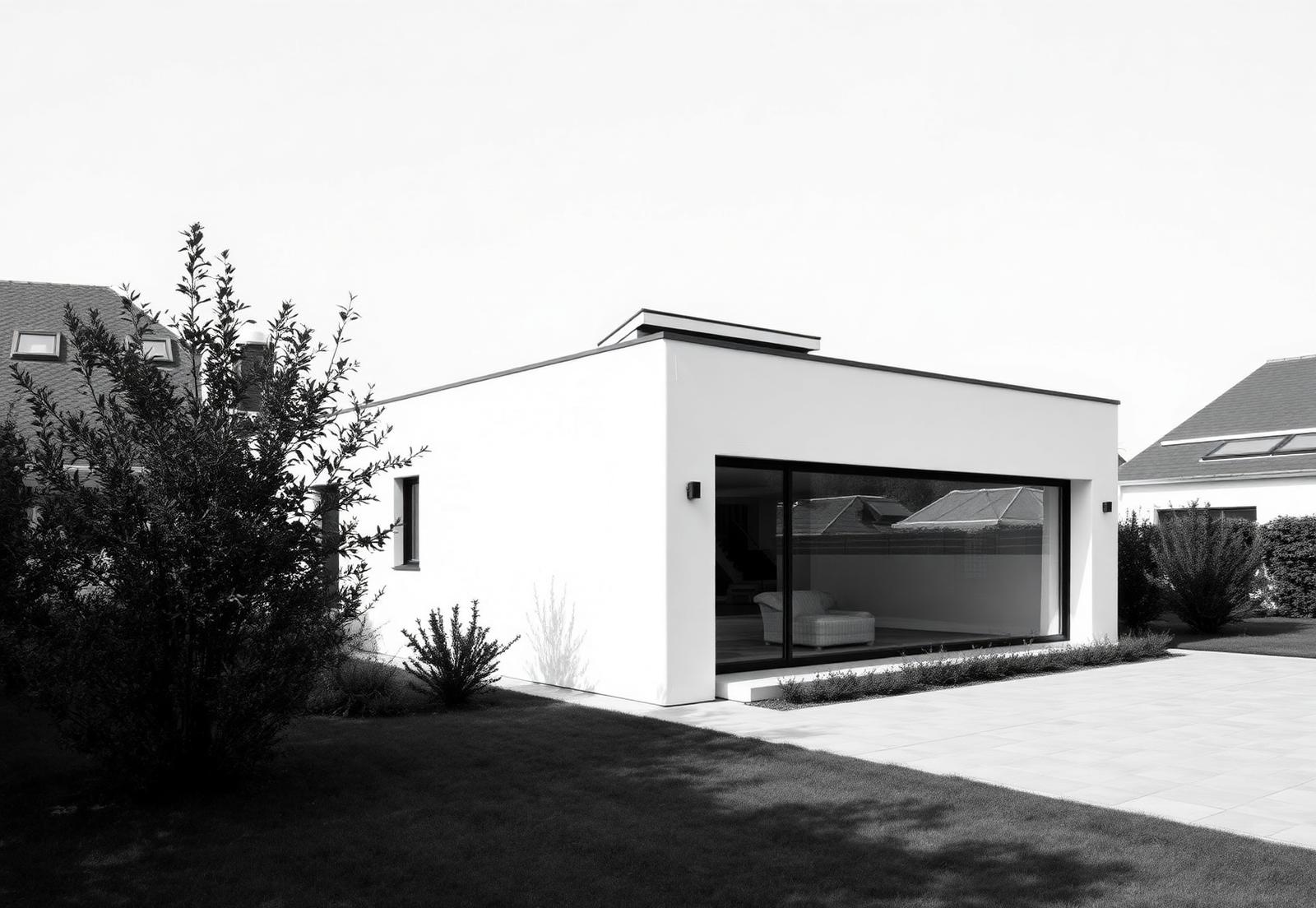 Modern single-storey house with a large glazed opening onto a garden