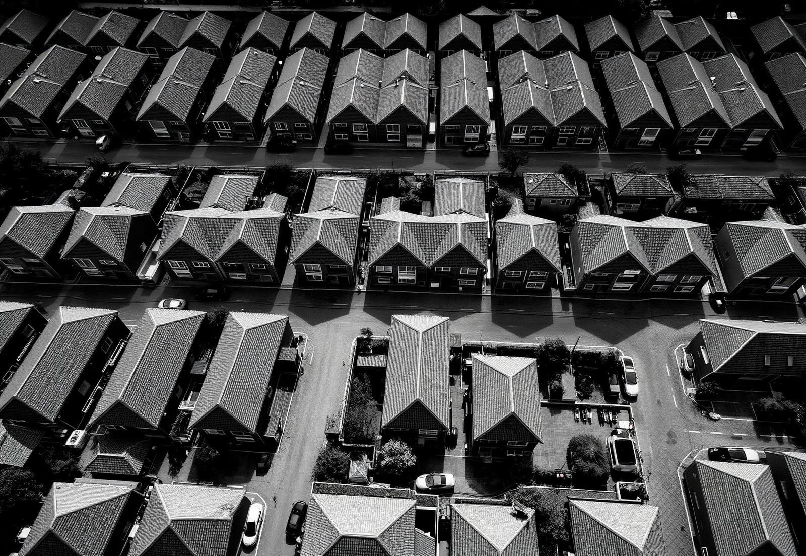Aerial view of a residential townhouse development