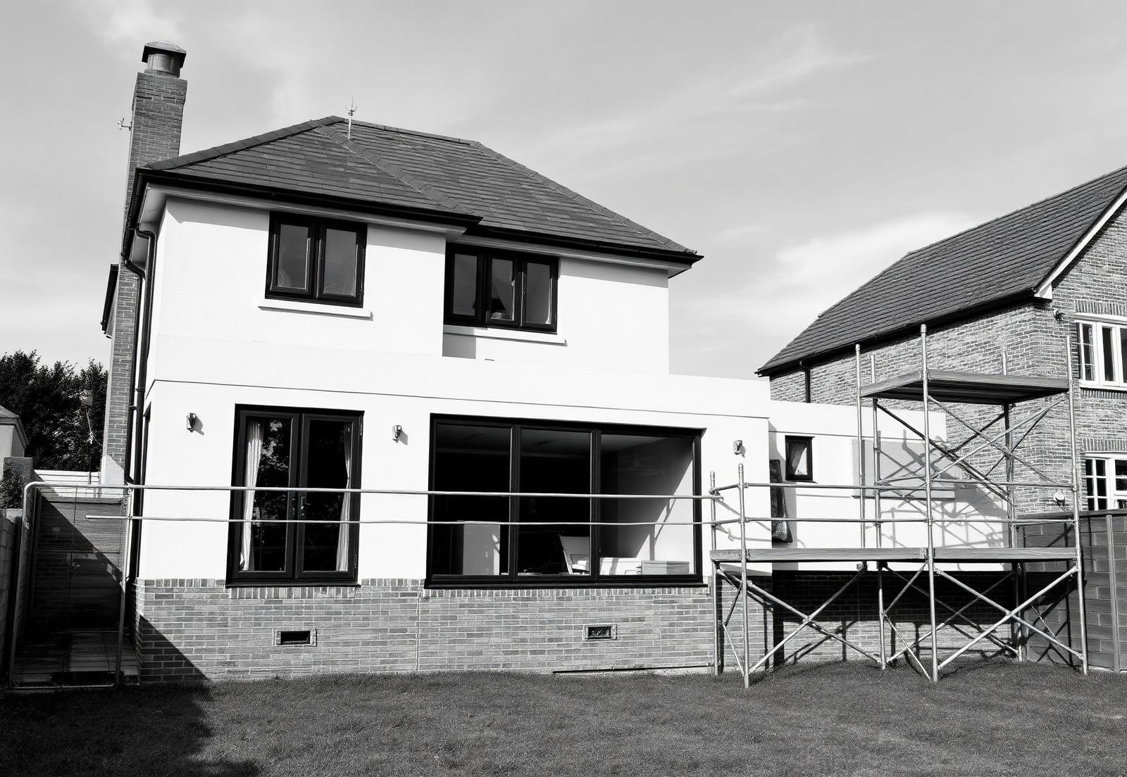 House mid-transformation with a completed modern extension and scaffolding