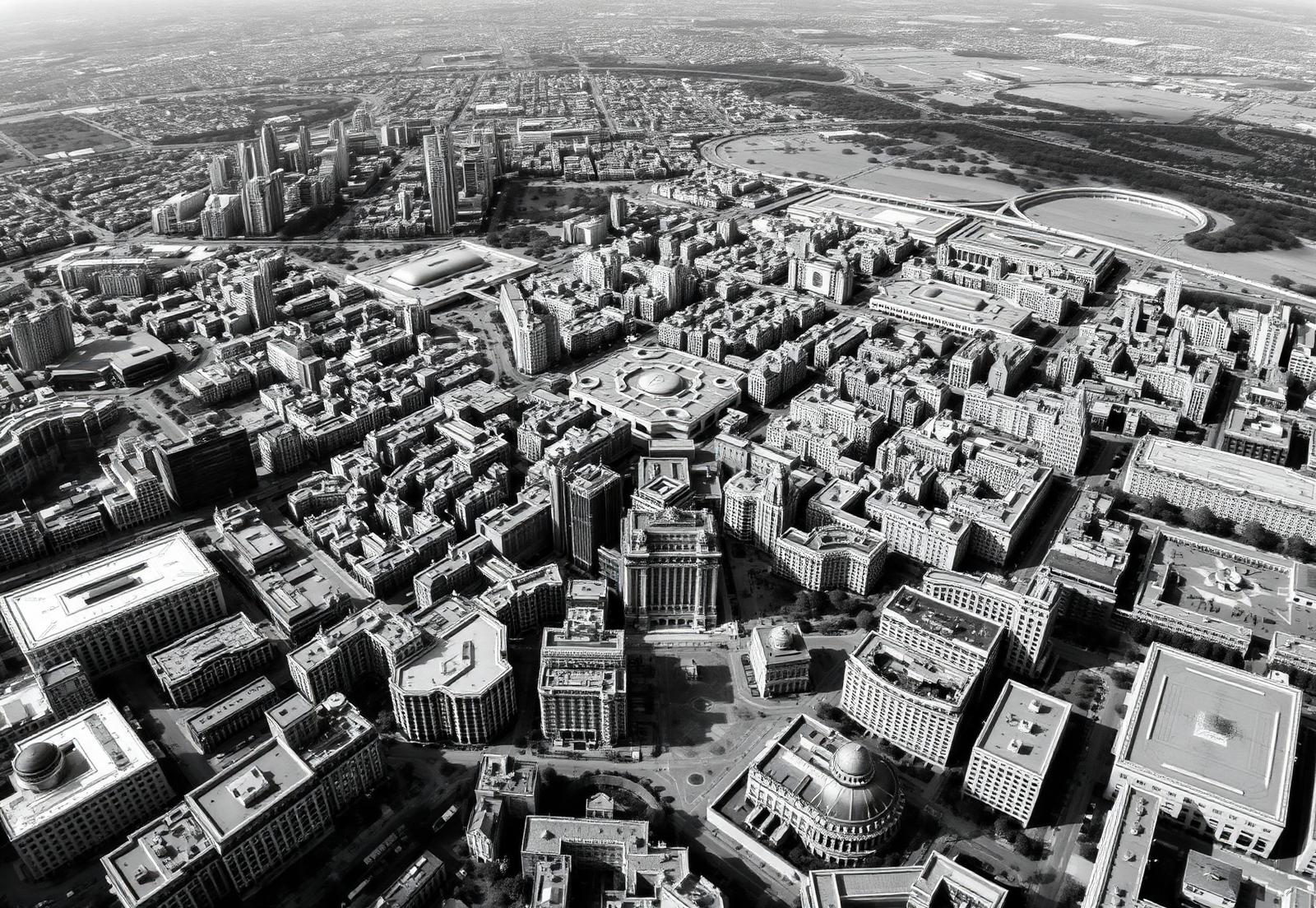 Aerial view of an urban district masterplan